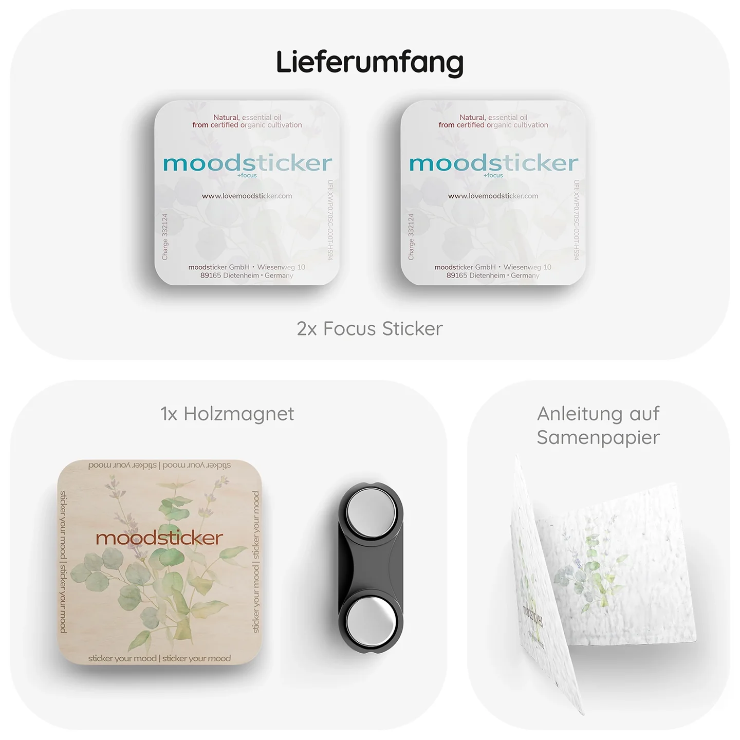 Lieferumfang: 2 Focus-Sticker, 1 Holzmagnet und Anleitung auf Samenpapier